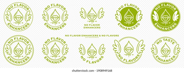 Conceptual marks for product packaging. Labeling - no flavor enhancers. The brand with wings is a symbol of the liberated, free. Ingredient drop icon with mouth - symbol of taste. Vector