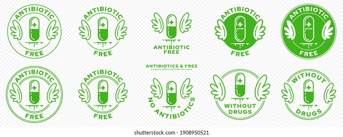 Conceptual marks for product packaging. Labeling - Hormone Free. The Wings Stamp is a symbol of an ingredient-free product. Medical capsule icon with antibiotics. Vector