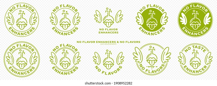 Conceptual marks for product packaging. Labeling - no flavor enhancers. The brand with wings is a symbol of the liberated, free. The icon of the bottle-mouth is a symbol of artificial tastes. Vector