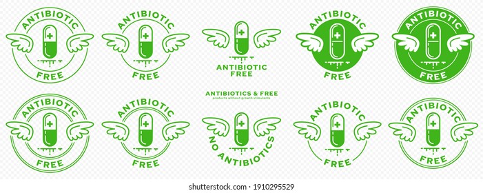 Conceptual marks for product packaging. Labeling - Hormone Free. The Wings Stamp is a symbol of an ingredient-free product. Medical capsule icon with antibiotics. Vector