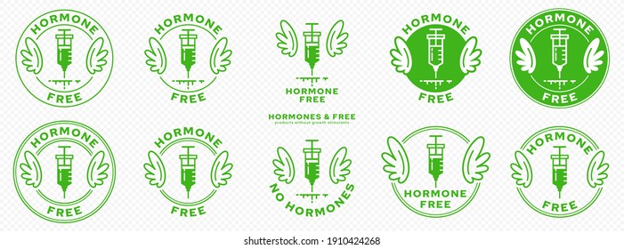 Conceptual marks for product packaging. Labeling - Hormone Free. Brand with with Wings and Ingredient Line - Ingredient-Free Product Symbol. An injection with hormonal drugs. Vector