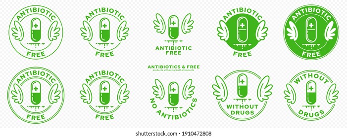 Conceptual marks for product packaging. Labeling - Hormone Free. The Wings Stamp is a symbol of an ingredient-free product. Medical capsule icon with antibiotics. Vector