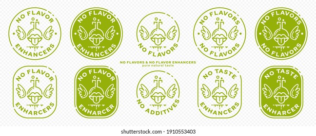 Conceptual marks for product packaging. Labeling - no flavor enhancers. The brand with the mouth icon with wings and a line of the ingredient is a symbol of liberated, free. Vector