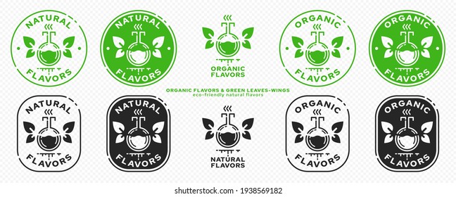 Conceptual marks for product packaging. Labeling - organic flavors. The brand with the flask icon with wings-leaves and an ingredient line is the natural flight of an ingredient. Vector
