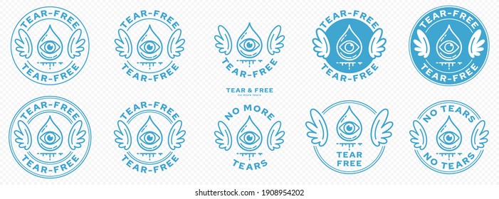 Conceptual marks for product packaging. Marking - no tears. The brand with wings is a symbol of the not containing, free. Teardrop icon with eye and flowing line. Vector