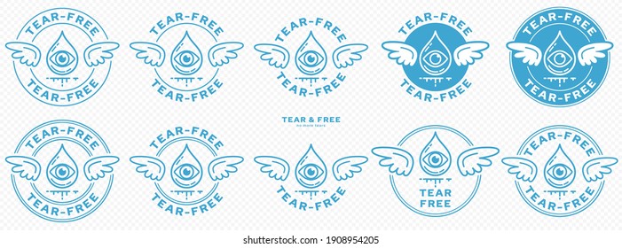 Conceptual marks for product packaging. Marking - no tears. The brand with wings is a symbol of the not containing, free. Teardrop icon with eye and flowing line. Vector