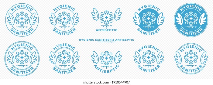 Conceptual marks for product packaging. Marking - hygienic sanitizer or antiseptic. A brand with wings and a bacteria or microbe icon - a symbol of the medical destruction of bacteria. Vector