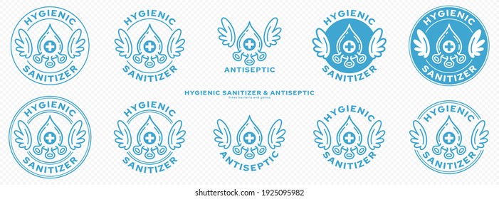 Conceptual marks for product packaging. Marking - hygienic sanitizer or antiseptic. A brand with wings and a molecule icon - a symbol of the medical destruction of bacteria. Vector