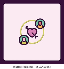 Conceptual matchmaking icon featuring heart, arrow and two abstract persons