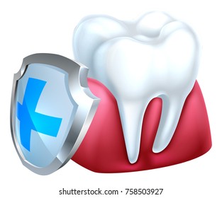 A conceptual medical dental illustration of a tooth and gum being protected 