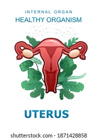 Conceptual medical vertical poster on white background, Internal organ icon surrounded by leaves of microflora of the organism, health and treatment of diseases, female genitals, uterus