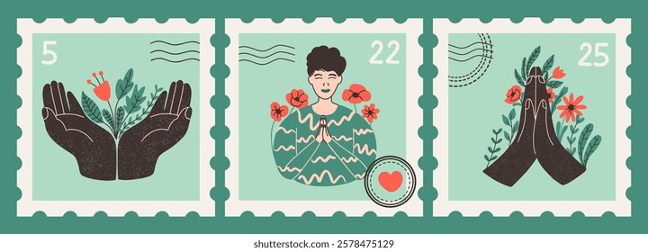 Conceptual mental health postage stamps. The influence of nature on the inner peace and human psyche. Art cards vector hand draw design set. 