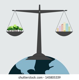 Conceptual mini planet green trees balance with skyscrapers