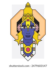 Conceptual Minimalist Style Vector Graphic Illustration of Smiling Lord Vitthal aka Pandurang, Vithu Mauli, Pandharinath, Krishna with jewellery, Geometric Line Art created using Basic Shapes.