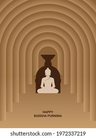 Conceptual Minimalist Vector Graphic Illustration Art of Religious Guru, Philosopher, Lord Siddharth Gautam Buddha; creative visual with Silhouette of Stupa in Cave Chaitya [shrine, sanctuary, temple]