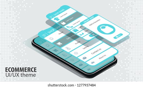 A conceptual mobile phone with a disassembled interface. User experience, user interface in e-commerce. Website wireframe for mobile apps