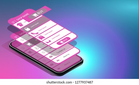 A conceptual mobile phone with a disassembled interface. User experience, user interface in e-commerce. Website wireframe for mobile apps