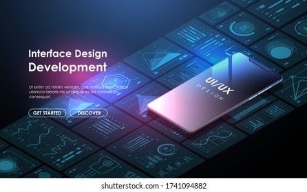 conceptual mobile phone with disassembled user interface. Landing page template. Web banner with phone an UI elements.