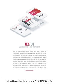 A conceptual mobile phones with a mobile app pagese and website wireframe. User experience, user interface in e-commerce. Website wireframe for mobile apps. Banner for web and printing