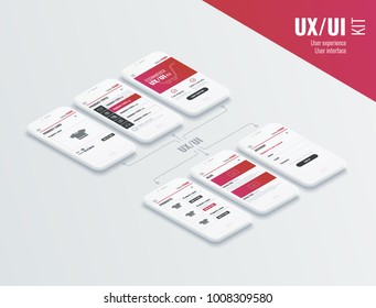 A conceptual mobile phones with a mobile app pagese. User experience, user interface in e-commerce. Website wireframe for mobile apps