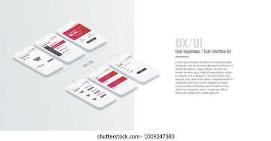 A conceptual mobile phones with a mobile app pagese. User experience, user interface in e-commerce. Website wireframe for mobile apps. Banner for web and printing