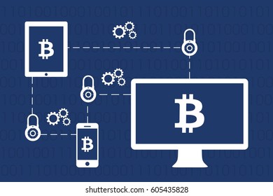 Conceptual model of block chain. Vector illustration, laptop, tablet and phone
