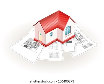 Conceptual model of small house over the set of architectural drawings
