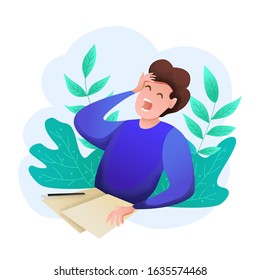 Conceptual modern banner flat design isolated. Emotional man in front of sheets of paper and a pencil among the plants. World Writer Day. Blogger writes the text. Vector illustration