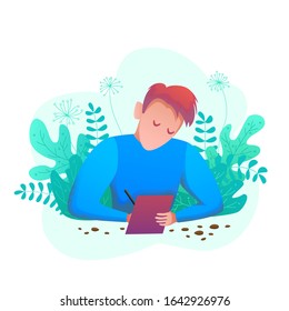 Conceptual modern banner flat design isolated. Emotional man in front of sheets of paper and a pencil among the plants. World Writer Day. Blogger writes the text. Vector illustration