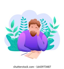 Conceptual modern banner flat design isolated. Emotional man in front of sheets of paper and a pencil among the plants. World Writer Day. Blogger writes the text. Vector illustration