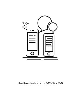 Conceptual modern icon of thin lines Communication with your smartphone. Two smartphone and speech bubble
