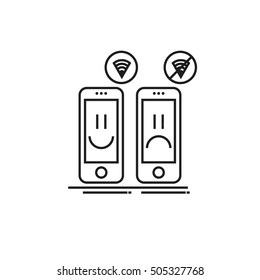 Conceptual modern icon of thin lines smartphone with wifi and without. Cheerful and sad smartphone