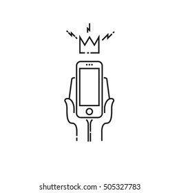 Conceptual modern icon of thin lines King smartphone. smartphone crown in the hands