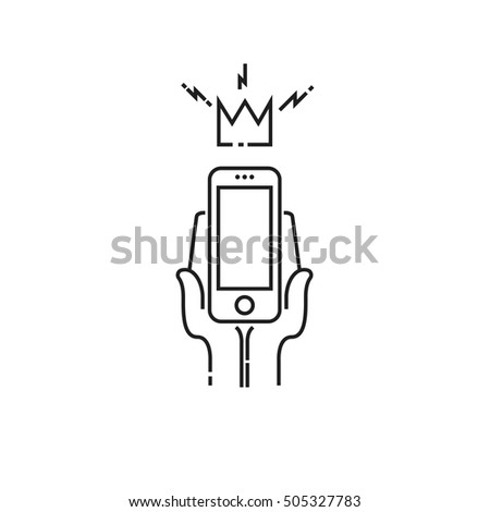 Conceptual modern icon of thin lines King smartphone. smartphone crown in the hands