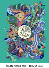 Ilustración vectorial de estilo moderno conceptual con objetos relacionados con actividades de verano, número limitado de colores, trazos no se expanden