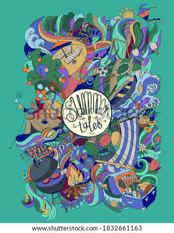 Conceptual modern style vector illustration with objects related to summer activities, limited number of colors, strokes are not expanded