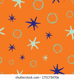 Conceptual moon crater and stars vector seamless pattern background. Naive style hand drawn celestial asteroids neon backdrop. Fun modern all over print of astronomical objects in universe for fabric