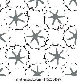Conceptual moon crater and stars vector seamless pattern background. Naive style hand drawn celestial asteroids on black and white backdrop. Textural all over print of astronomical objects in space