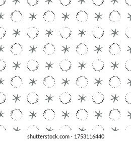 Conceptual moon crater and stars vector seamless pattern background. Grunge style hand drawn celestial meteor imprints black white backdrop. Modern all over print of astronomical objects for paper