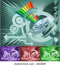 Conceptual Music Background.  Illustration of a cool music or sound background featuring speakers and equalizer graphics. No meshes used.