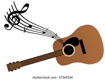 Conceptual music illustration with guitar, stave and notes