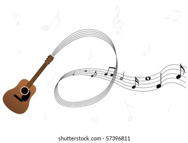 Conceptual music illustration with guitar, stave and notes