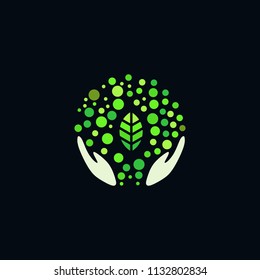 Conceptual nature logo or icon template. Abstract circle with dots and leaf in center surrounded by hands. Caring about nature concept vector illustration 