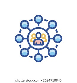 A conceptual network diagram shows interconnected people. Flat style, blue and gold colors, against a White Background.