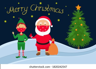 Conceptual New Year card. Santa Claus and Christmas elf in face masks. Vector illustration.