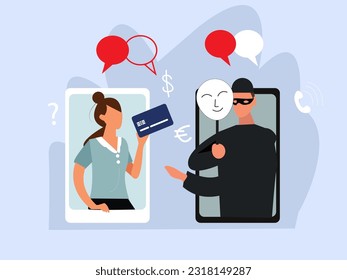 conceptual online fraud cybercrime Hacking woman on phone screen and scammer stealing bank card. vector illustration.