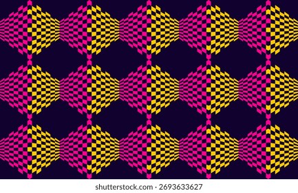 Conceptual op art background with distorted pink and yellow checkerboard shapes creating a 3D illusion