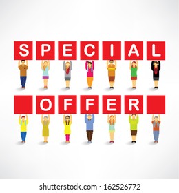 Conceptual people with special offer message board vector design