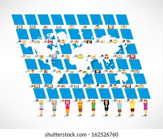 Conceptual people with world map board vector design