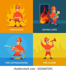 Conceptual pictures of firefighter and work equipment. Firefighter and protection firefighting, vector illustration